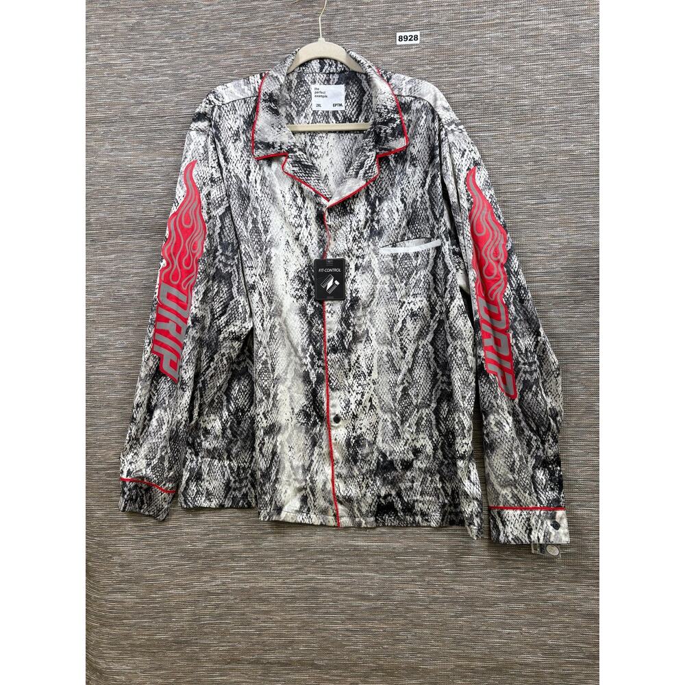 EPTM Shirt Mens 2XL Gray Snake Print Long Sleeve Button Up Satin Drip Flames